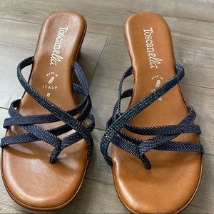 Toscanella Katy Denim Rhinestone Wedge Sandals